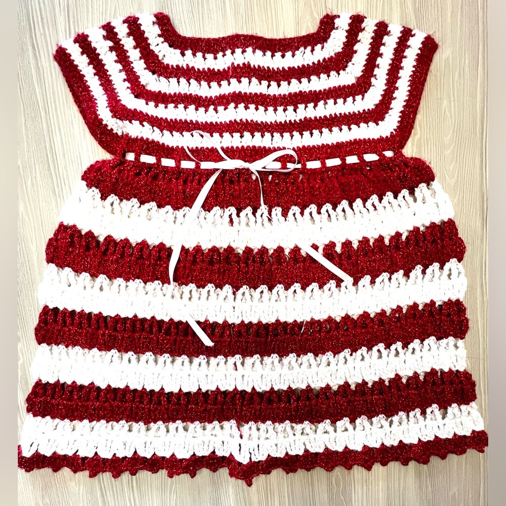 Handmade Crochet Baby Dress Red & White Striped Sparkling Knit Party Gown 6-9 M